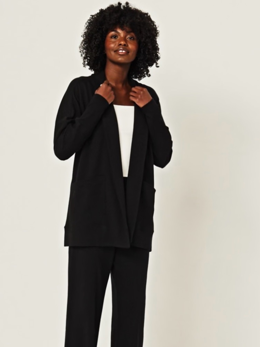 Pact airplane set - wide leg pants tank top open front cardigan sz large, black
